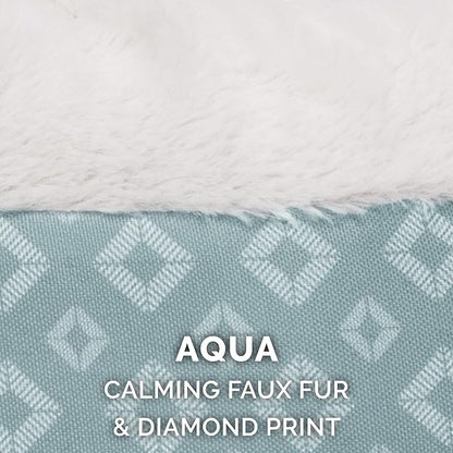 Furhaven Cat Bed for Indoor Cats, Washable w/ Removable Bolsters, For Pets Up to 9 lbs - Plush & Diamond Print Cuddle Loaf Mat - Aqua, Small