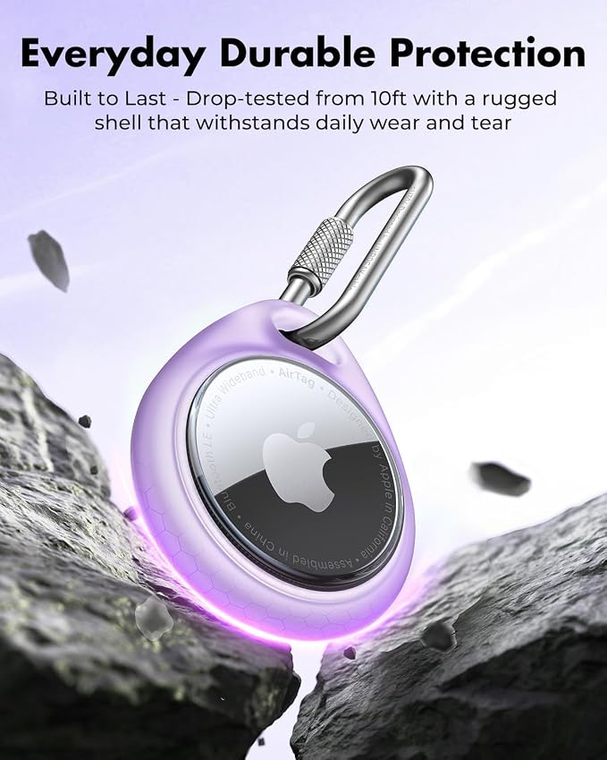UNBREAKcable for AirTag Holder Case with Professional Carabiner, 4 Pack | Waterproof, Shockproof, Hold Securely, Easy to Install, Protective AirTag Keychain for Pets, Keys, Luggage-4 Trans Colors
