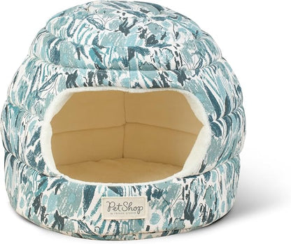 Fringe Studio Pastel Floral Soft Teal 2-in-1 Pet Hut/Pet Bed with Removable Cushion 14" H x 15" W x 15" D, 100% Cotton Canvas Exterior w/Foam Filling, Machine Washable, PetShop Collection (209007)