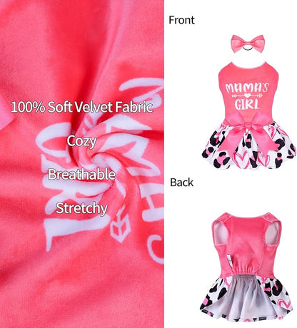 CuteBone Dog Dresses Velvet Mama's Girl Small Dogs Clothes Onesie Pet Apparel Girl Puppy Skirt with Bow Hair Rope CVA40L-D