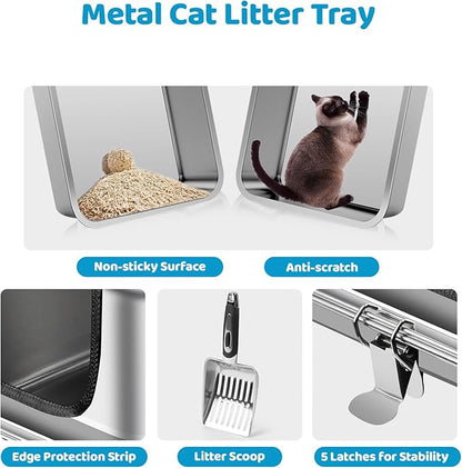 XXXL Stainless Steel Cat Litter Box, 28" L x 19.7" W x 12" H Extra Large Semi Enclosed Removable Metal Litter Tray with High Sided Enclosure, Scoop, Anti-Leakage, Non-Sticky, Easy Cleaning