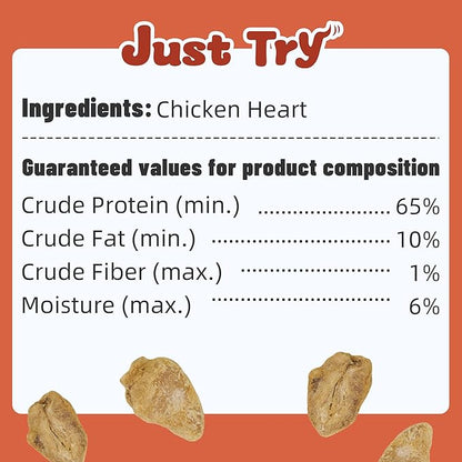 Just Try 6 oz Freeze-Dried Chicken Heart Dog & Cat Treats - Single Ingredient, Grain-Free, High Protein Training Treats Snacks