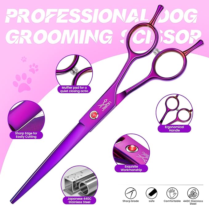 JASON Dog Grooming Scissors Kit, Professional 6 in 1 Dog Scissors Sharp Shears Set - Straight, Thinning, Chunker, Curved Shears and Comb for Long Short Hair for Dog Cat Pet Christmas Gift