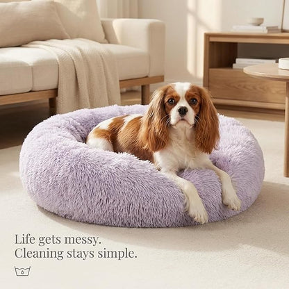 Calming Dog Bed for Medium Dogs Washable Donut 30 inches Anti-Slip Pet Bed,Round Fluffy Plush Faux Fur Cat Bed,Fits up to 45 lbs Pets,Gradient Purple