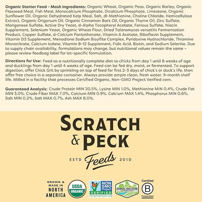 Scratch and Peck Feeds Whole Grain Starter Mash Chicken and Duck Feed - 25 lbs Bag - Corn-Free and Soy-Free - 20.5% Protein, Certified Organic and Non-GMO Project Verified Chicken Food