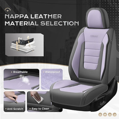 Coverado Car Seat Covers Full Set, Nappa Leather Seat Covers for Cars, Car Seat Protector Car Seat Cushion, Front and Back Seat Protectors Cushions Universal Fit for Most Cars Vehicles(Gray&Purple)