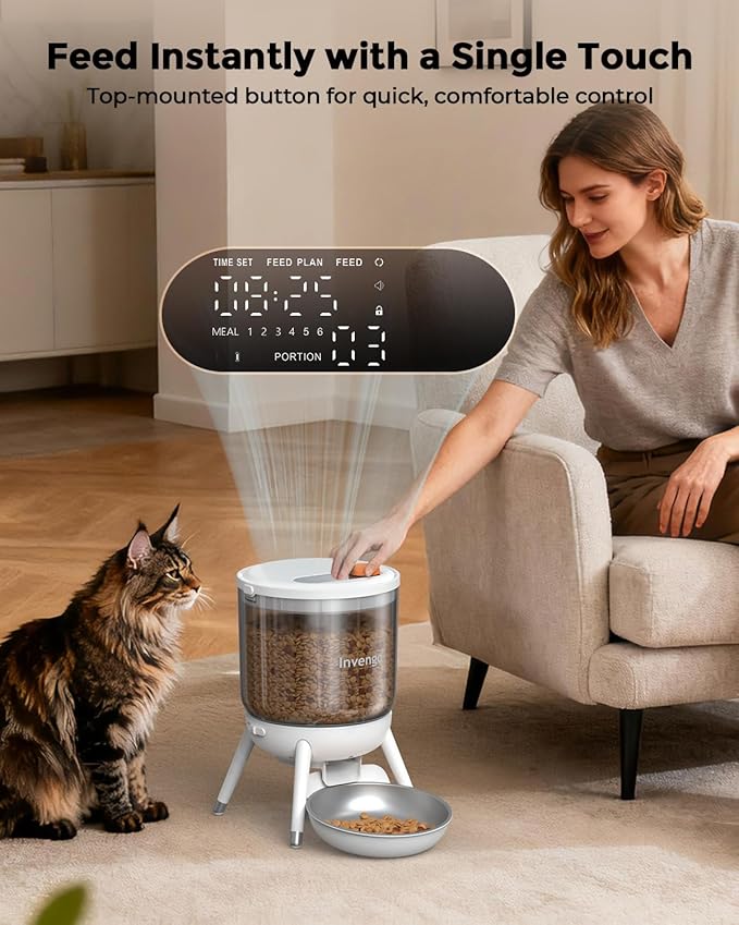 Invengo Automatic Cat Feeder, 3L Timed Pet Feeder for Cats & Small Dogs, Dual Power USB & Battery, Clear Hopper, Easy-Clean, Dry Food & Kibble, Up to 6 Meals Daily