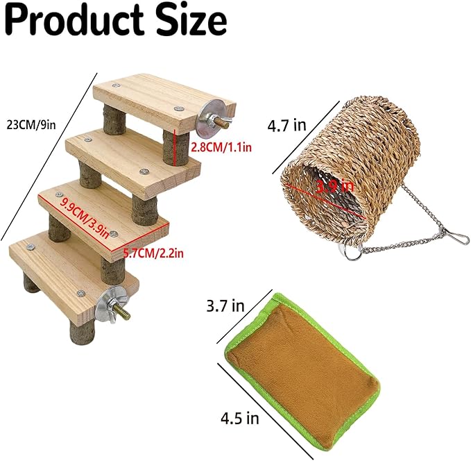Hamiledyi Hamster Climbing Ladder Wood Stair and Hanging Hammock Set Wooden Molar Toys Cage Accessories for Syrian Hamster Gerbil Mice
