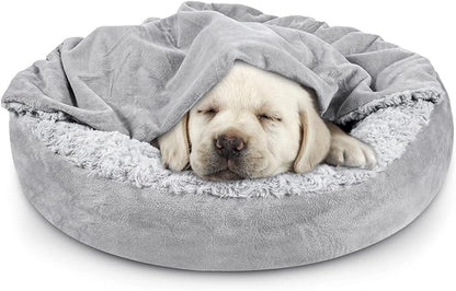 JOEJOY Small Dog Bed Cat Bed with Hooded Blanket, Cozy Cuddler Luxury Puppy Pet Bed, Donut Round Calming Anti-Anxiety Dog Burrow Cave Bed - Anti-Slip Bottom and Machine Washable 23 inch