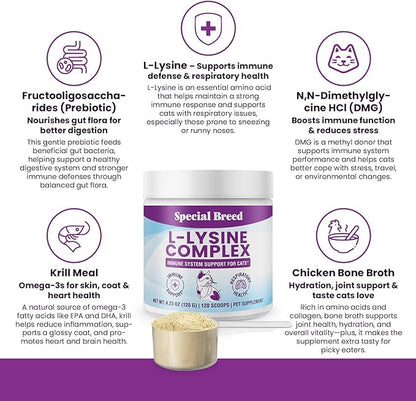 Special Breed L-Lysine for Cats and Kittens – Immune, Respiratory and Eye Support – Cat Sneezing and Runny Nose Relief – Lysine Powder with Prebiotics, Krill, Bone Broth and DMG – 120 Servings