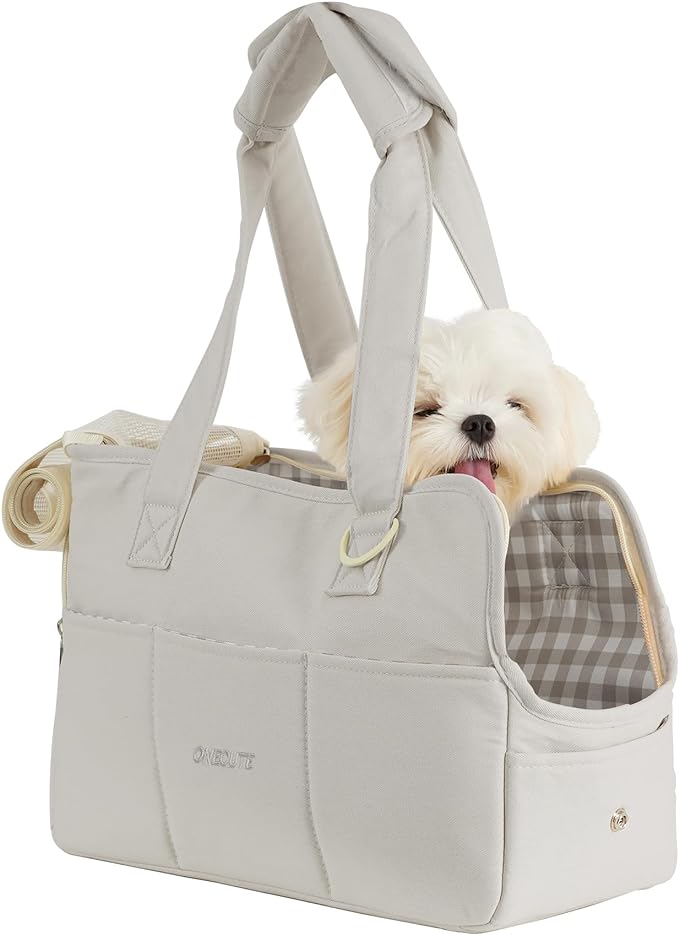 ONECUTE Dog Purse Carrier for Small Dogs Rabbit cat with Large Pockets, Cotton Bag, Dog Carrier Soft Sided, Collapsible Travel Puppy Carrier (Grey, 13.6" L x 6.5" W x 10" H)