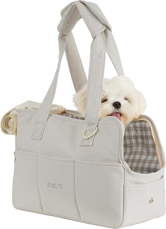 ONECUTE Dog Purse Carrier for Small Dogs Rabbit cat with Large Pockets, Cotton Bag, Dog Carrier Soft Sided, Collapsible Travel Puppy Carrier (Grey, 13.6" L x 6.5" W x 10" H)
