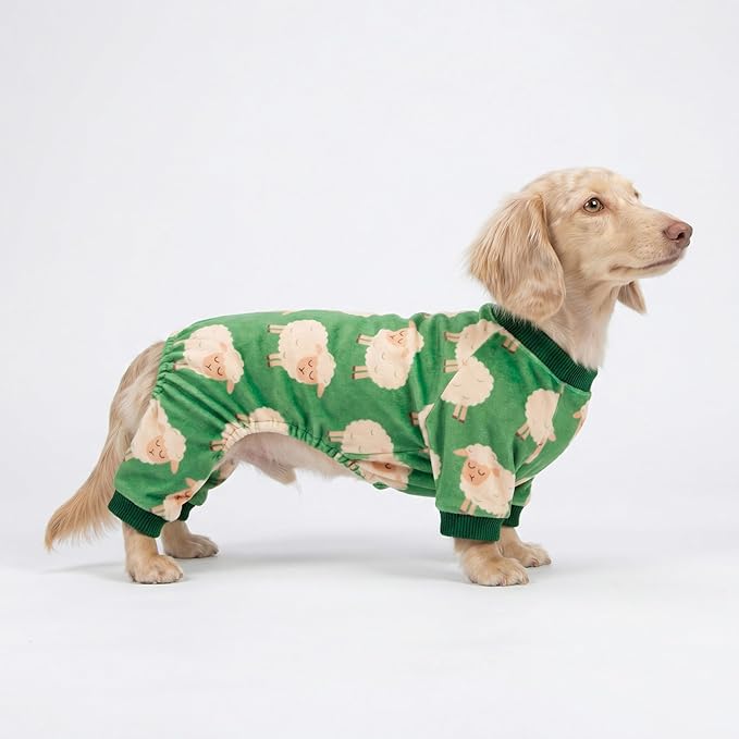 Fitwarm Funny Sheep Dog Pajamas, Warm Winter Dog Clothes for Small Dogs Boy Girl, Cozy Pet Onesie with Feet, Green, White, Small