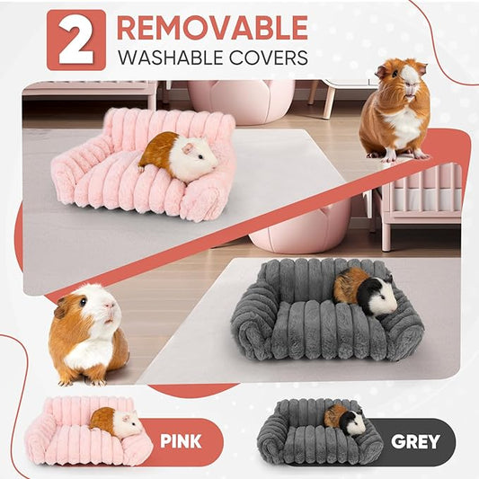 Guinea Pig Couch - Fluffy Small Pet Sofa with with Two Removable Washable Covers, Guinea Pig Bed with Stuffed Arms and Back, Super Cozy Corduroy Fleece, Pink and Dark Gray Respectively