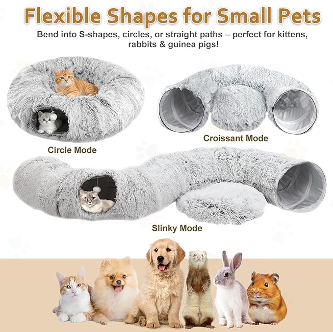 Cat Tunnel Christmas Tree Skirt, Cat Tunnel Bed for Indoor Cats with Hanging Ball, Soft Plush Cats Donut Cave with Washable Mat for Kittens, Rabbits, Puppies and Small Animals Christmas Decors, Grey