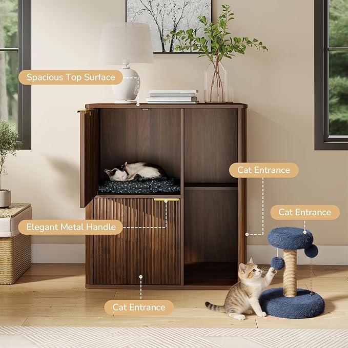 Rovibek Double Cat Litter Box Enclosure Furniture, Fluted Hidden Litter Box Enclosure for 2 Cats with Double Room, Mid Century Dual Cat Litter Cabinet with Scratching Post, Dangling Ball, Walnut