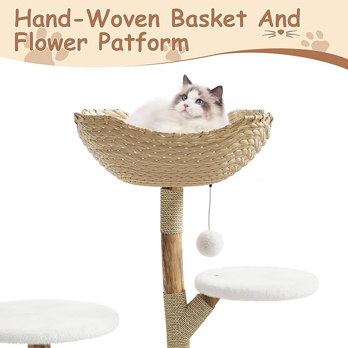 Real Wood Modern Cat Tree Tower, Cat Scratching Post with Bed for Indoor Cats with Natural Wicker Condo, Aesthetic Tree Stand, Boho Luxury Pet Furniture Two Platform