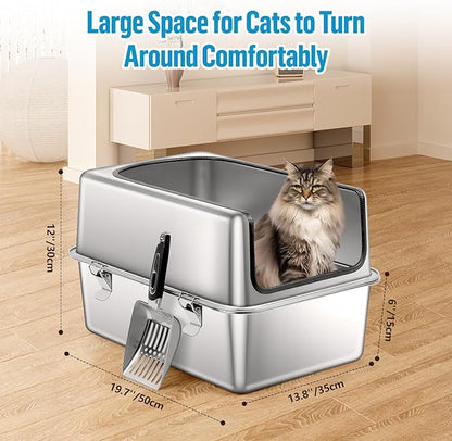 Stainless Steel Cat Litter Box, 19.7" L x 13.8" W x 11.8" H Large Semi Enclosed Removable Metal Litter Tray with High Sided Enclosure, Scoop, Anti-Leakage, Non-Sticky, Easy Cleaning