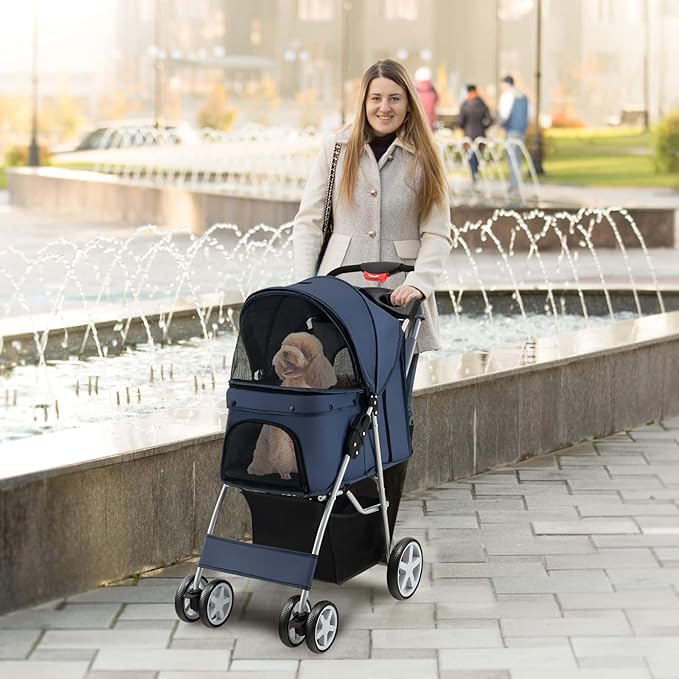 4 Wheels Dog Stroller, Foldable Pet Stroller for Small/Medium Dogs Cats, Cat Carrier with Storage Basket and Cup Holder, Pet Car Seat with Soft Pad, Navy Blue