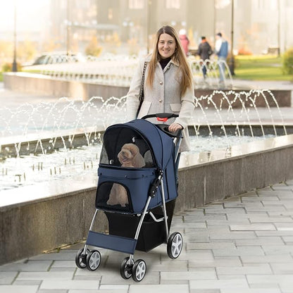 4 Wheels Dog Stroller, Foldable Pet Stroller for Small/Medium Dogs Cats, Cat Carrier with Storage Basket and Cup Holder, Pet Car Seat with Soft Pad, Navy Blue