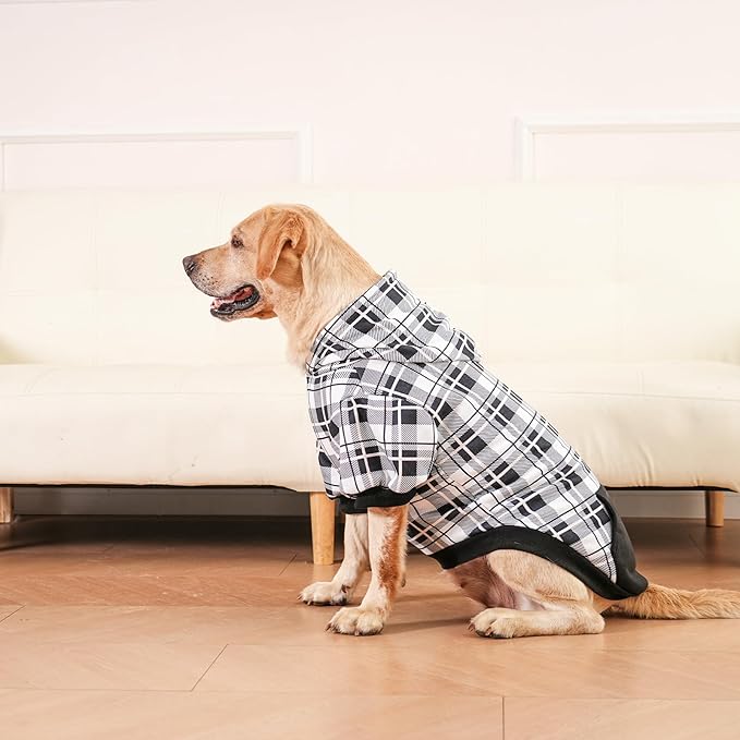 EXPAWLORER Plaid Dog Hoodie - British Style Warm Dog Sweater Shirt with Leash Hole,Pitbull Clothes Outfits,Winter Coat Apparel for All Breeds Puppy Girl Boy-Cat Apparel,Black & White Large
