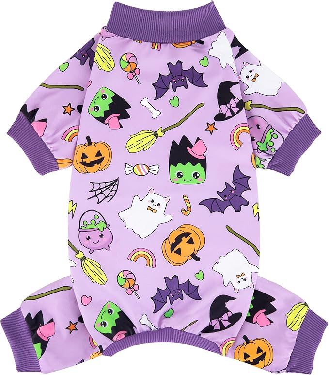 XPUDAC Halloween Dog Clothes Comfy Strechy Puppy Pajamas Cute Pet Onesies for Small Medium Dogs Boy Girl Cat Apparel Pet Outfit Purple, 223-L