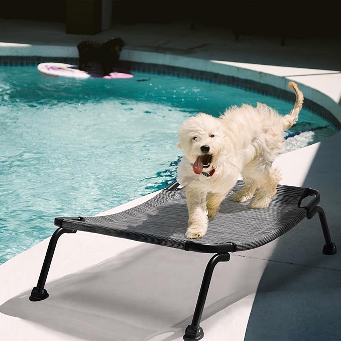 Veehoo Outdoor Elevated Dog Bed, Cooling Raised Dog Cots Beds for Medium Dogs, Portable Waterproof Curved Dogs Hammock Bed for Outside, up to 100lbs, Black Legs, Black Silver 32"