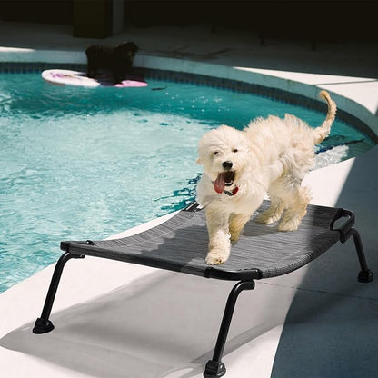 Veehoo Outdoor Elevated Dog Bed, Cooling Raised Dog Cots Beds for Medium Dogs, Portable Waterproof Curved Dogs Hammock Bed for Outside, up to 100lbs, Black Legs, Black Silver 32"