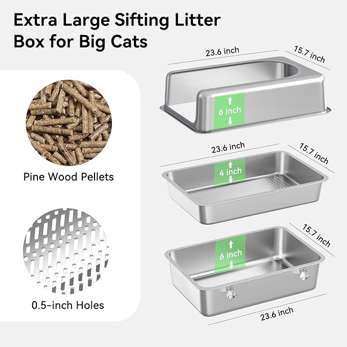 XL Stainless Steel Sifting Litter Box for Pine Pellets,Sifting Cat Litter Box with Lid,High Sides Metal Sifter Litter Pan System for Big Cats,Odor Control,Easy to Clean
