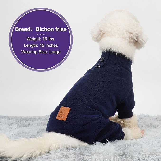 cyeollo Fleece Dog Pajamas Onesie Pjs Jumpsuit Thermal Stretchy Pet Clothes Outfits Winter Dog Pajamas for Small Medium Dogs, Navy XL