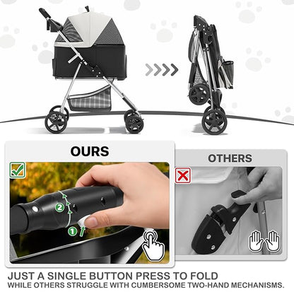 MoNiBloom 3 in 1 Foldable Pet Stroller for Small & Medium Dogs, Detachable Carrier, Car Seat, Push Button Entry, 4-Wheel Jogger for Pets up to 33 lbs, Black