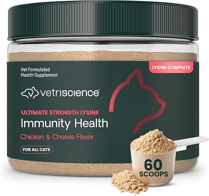 VetriScience Ultimate Strength Lysine Immunity Health Powder for Cats & Kittens, Supplement for Allergy & Nasal Support, Sneezing, Runny Nose & Watery Eyes, Chicken & Cheese Flavor, 60 Count -New Look