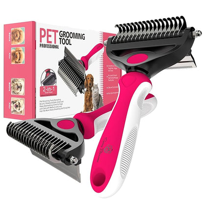 Spring Blossoms-2 in 1 Professional Grooming Rake for Cats & Dogs-Dematting Comb for Easy Mats & Tangles Removing,Pet Brush Safe No More Nasty Shedding and Flying Hair (Rose)