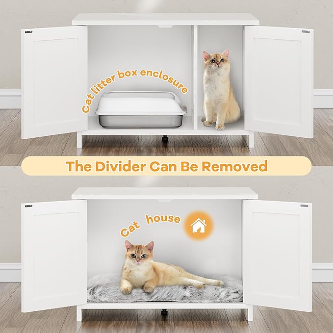 Shintenchi Cat Littler Box Enclosure, Litter Box Furniture Hidden with Removable Divider, Cat House with End Table, White, 31.5 inch