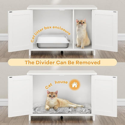 Shintenchi Cat Littler Box Enclosure, Litter Box Furniture Hidden with Removable Divider, Cat House with End Table, White, 31.5 inch