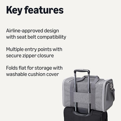 Amazon Basics Soft Cat & Dog Carrier with Adjustable Shoulder Strap, Airline-Approved, Foldable and Portable Design, Mesh Ventilation, Folds Flat for Storage