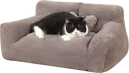 Fluffy Cat Couch for Indoor Cats, Small Dog Bed with Bone Shaped Pillow, Anti-Anxiety Pet Bed with Washable Cover, Brown