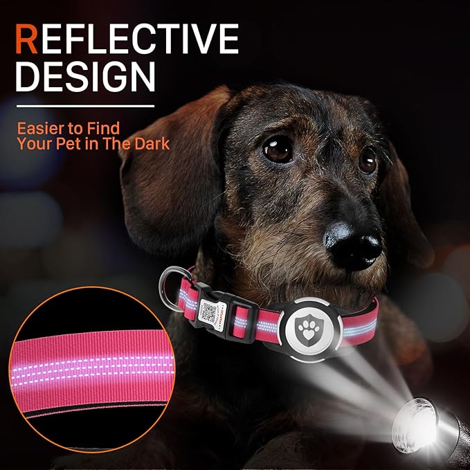 Reflective Dog Collar with AirTag Holder for Puppy Soft Nylon Rose Red Sized XS