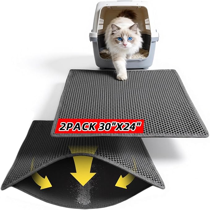 Cat Litter Mat, 30"X24" Large Double Layer Litter Trapping Mat, Waterproof/Urineproof, Easy to Clean Kitty Litter Mats for Floor, Scatter Control (Black-2Pack)