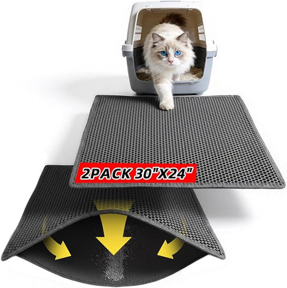 Cat Litter Mat, 30"X24" Large Double Layer Litter Trapping Mat, Waterproof/Urineproof, Easy to Clean Kitty Litter Mats for Floor, Scatter Control (Black-2Pack)