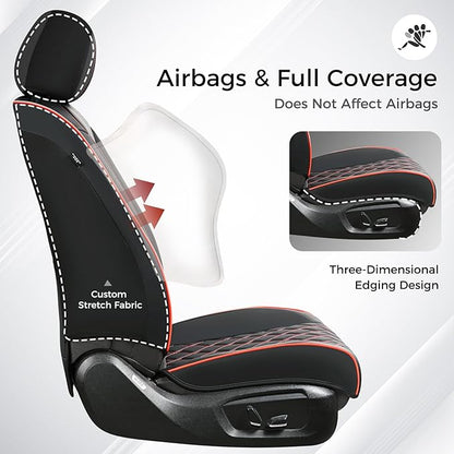 Huidasource Front Seat Covers, Full-Cover Leather Driver Seat Cover, Side Stretch Fabric, Car Interior Front Seat Cover Universal Fit for Most Cars, Most Cars,Vans,Trucks, SUVs (Front Pair/Black&Red)