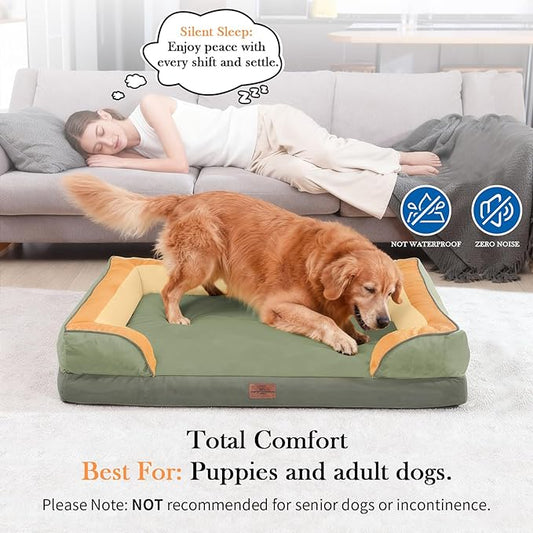 Comfort Expression Orthopedic Dog Bed for Large Dogs 36x27 Inch, Waterproof Egg Crate Foam Large Pet Bed with Removable Bolsters, Dog Couch with Washable Cover & Non-Slip Bottom, Avocado