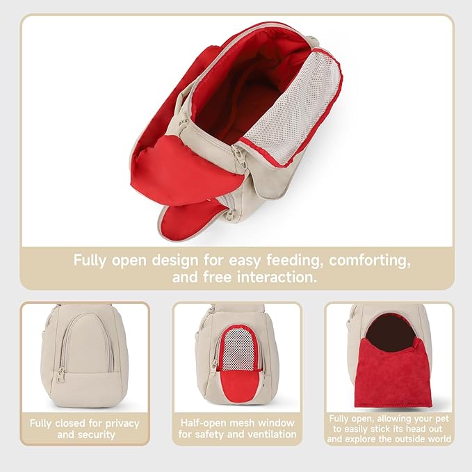 Dog Carrier Sling, Cat Sling Carrier, Adjustable Soft Padded Shoulder Strap with Storage Pocket, Small Dog and Cats Sling Carriers up to 10 lbs, Hands-Free Pet Carrier for Travel Hiking Walking Beige