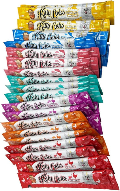 Rena's Recipe Kitty Licks Lickable Cat Treats Variety Pack 28 Tubes Creamy Cat Treat Purée 7 Flavors Tuna Chicken Grain Free Cat Squeeze Treats