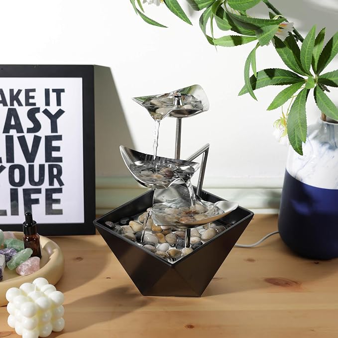 Trilogy Tabletop Fountain with 3-Tier Stainless Steel Waterfall | Handcrafted Design, Adjustable Water Flow & Smart Pump for Modern Home Decor