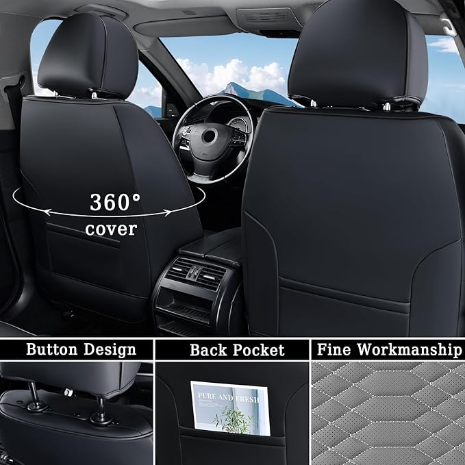 Coverado Seat Covers Full Set, Waterproof Nappa Leather Seat Covers for Cars, 5 Seats Universal Car Seat Protectors, Black and Gray Automotive Seat Covers Car Seat Cushions Fit for Most Cars