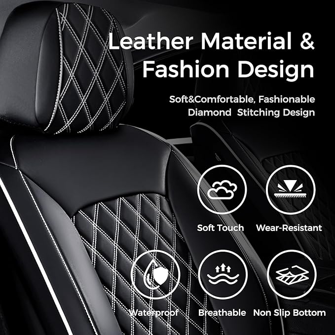 Huidasource Universal Car Seat Cover, Nappa Leather Car Seat Cover Set, Velcro Adjustable, Compatible with Airbags, Armrests, Child Seat, fit for Most Cars, Vans, Trucks, SUVs (Full Set/Black&White)