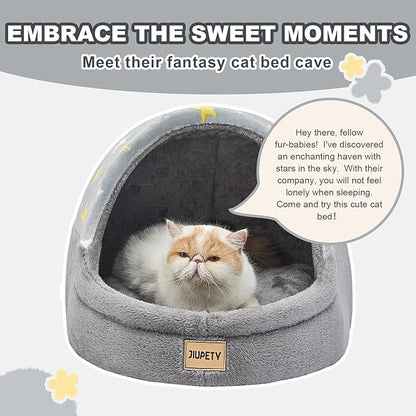 Jiupety Cute Cat Beds for Indoor Cats, Cat Cave Bed for Kittens, Burrowing Cat Bed & Puppy Bed with Anti-Slip Bottom, Washable Removable Cushion, L(19"x17"x16"), Gray Star