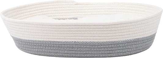 Kitty City Woven Cat Bed with Removable Washable Cushion, Cozy Braided Rope Indoor Cat Bed with Natural Catnip, Warm Round Cat Bed for Small to Medium Cats, 14” x 19" - White/Grey