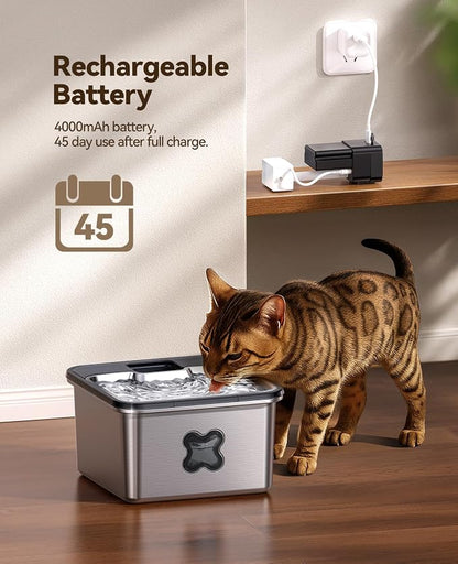 Cat Water Fountain Wireless + 6 Filters: [Visual Filter] & [Heavy-Duty Stainless Steel] FEELNEEDY- Premium, 3.2L/108oz, 4000mAh Battery Operated Pet Fountain with Sensor, for Cats and Dogs